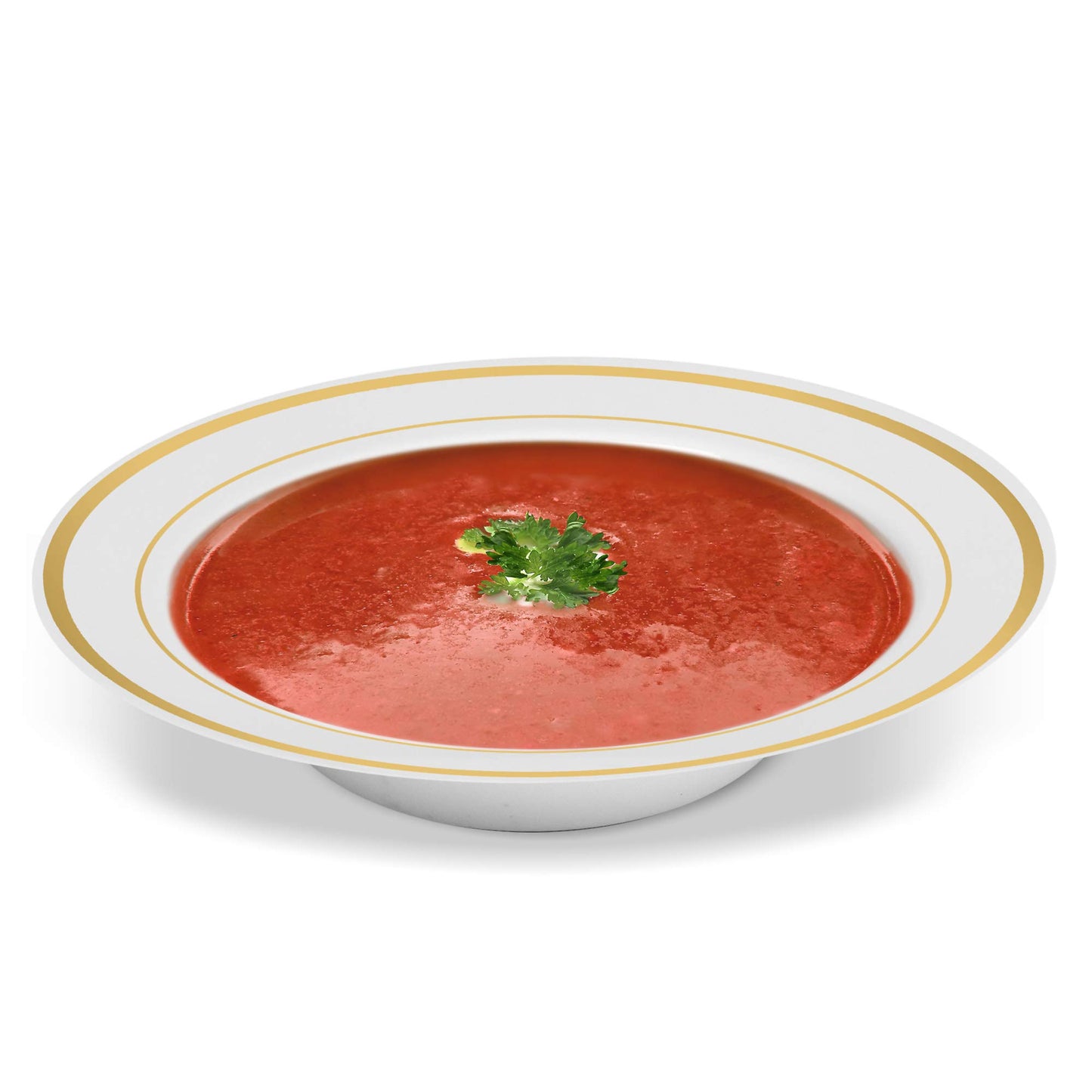 50 Disposable White Gold Trim Plastic Soup Bowls | 14 oz. Premium Heavy Duty Disposable Dinnerware with Real China Design | Safe & Reusable and Great for Parties or Weddings. (50-Pack) Gold