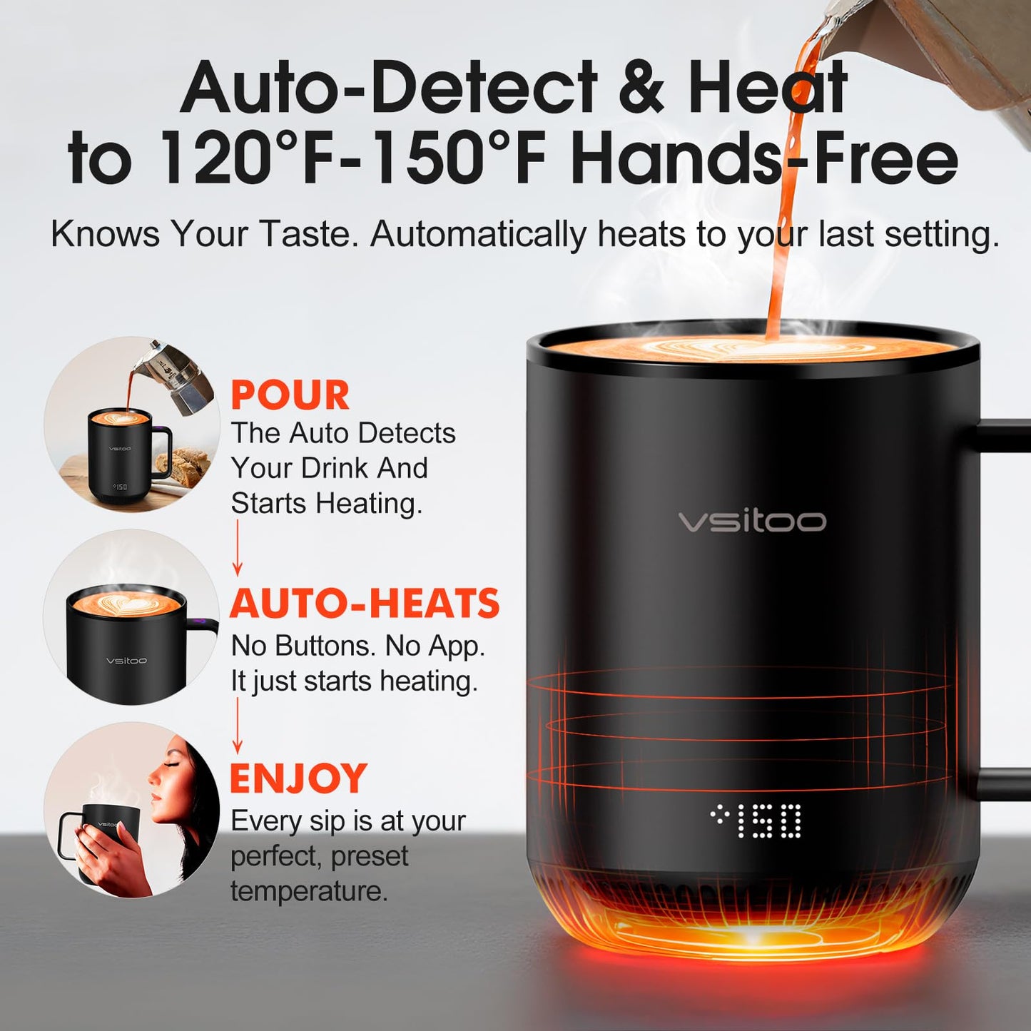 Vsitoo S3 12oz Heated Mug - Temperature Control Smart Mug with Mug Warmer, Perfect for Espresso, Auto-Sensing AI Heats Drinks to 120-150°F Hands-Free.Ideal for Home/Office/Gifts,Black