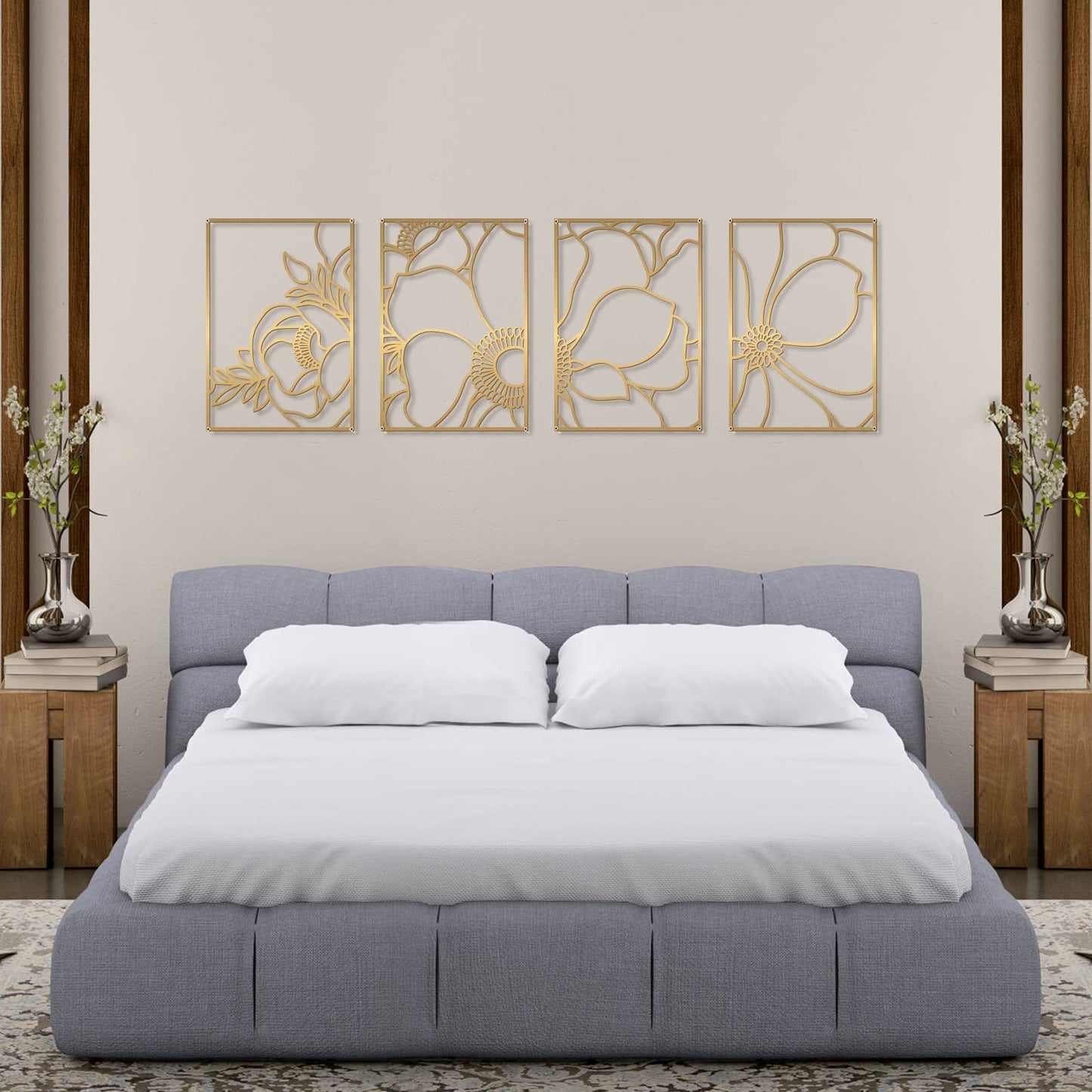 Glamativity 4 Pack Gold Wall Art, Flower Minimalist Single Line Art, Real Metal Nature Floral Abstract Wall Decor for Kitchen Bedroom Living Room