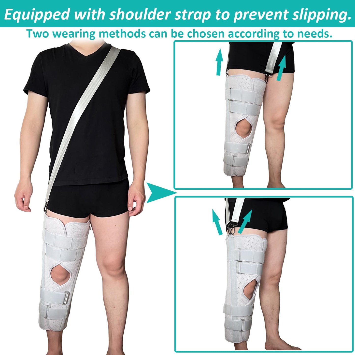 Yarifxy Three-Panel Knee Immobilizer & Knee Stabilizer - Leg Support Splint for Knee Pre-and Postoperative Injuries & Instabilities - Straight Leg Brace with Shoulder Strap to Prevent Sliding (18")