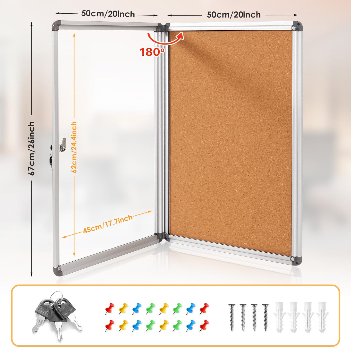 EVERSUPPLY Enclosed Cork Bullletin Board 20x26 in, Tamperproof Display Case with Locking Door for Office School Home Store, Wall Mount, Silver Aluminum Frame (4xA4)