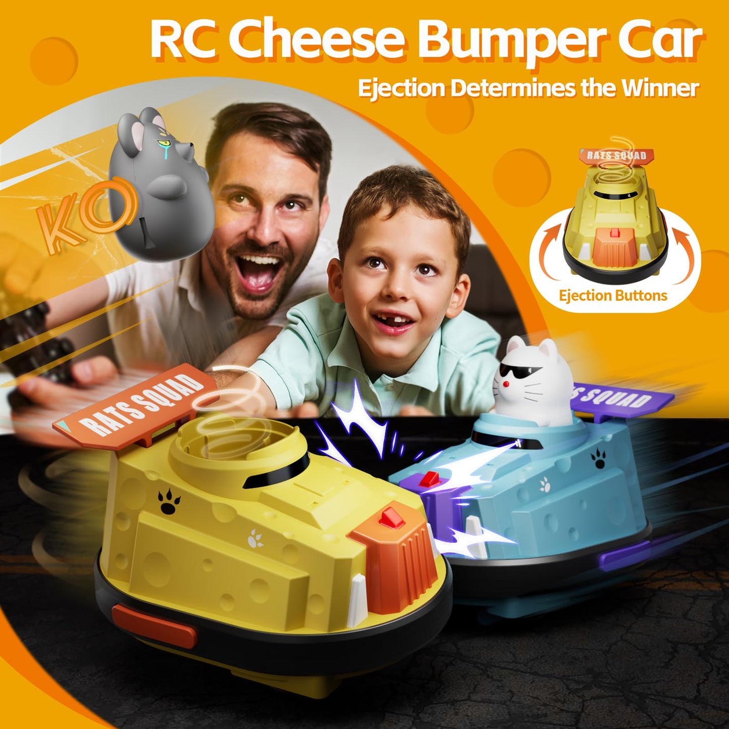 deependo 2 Pack Remote Control Car, RC Ejecting Bumper Car for Kids, Cat and Rat War Cheese Bumper Car, Car Toys for Ages 5-7, Christmas Birthday Gifts Toys for 3 4 5 6+ Year Old Boys Girls