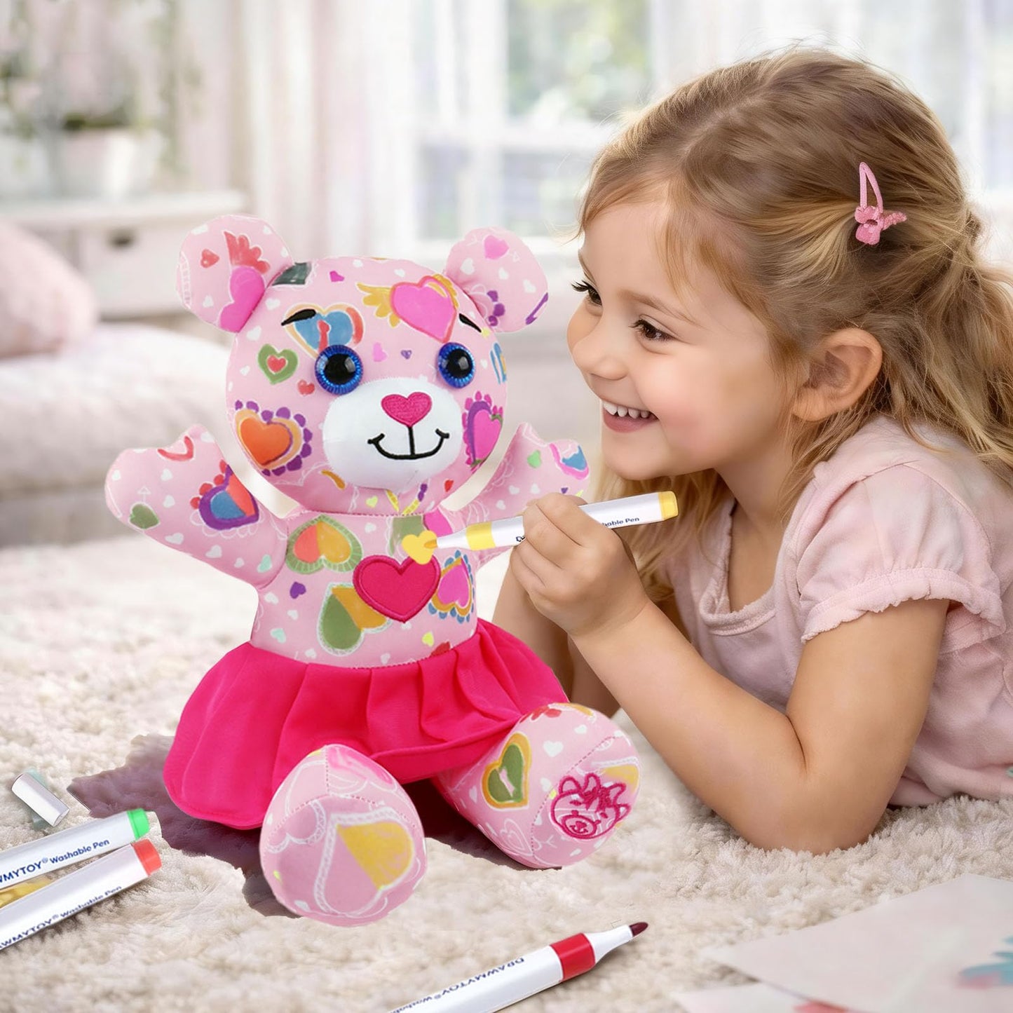 DIY Coloring Plush Toy with Washable Markers, Scribble Pets Stuffed Animal, Doodle Dolls Art Toy for Boys and Girls Ages 3-8, Birthday Gift (Pink Bear)