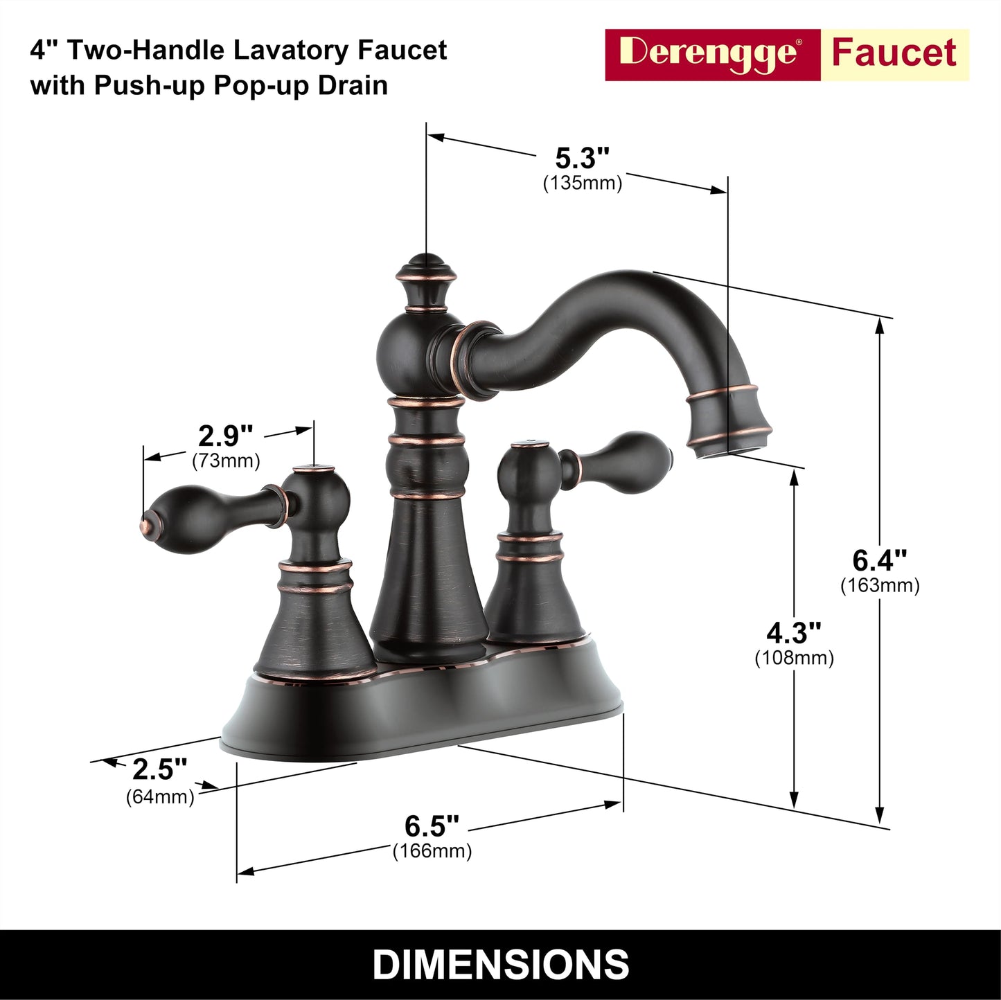 Derengge Two Handle Oil Rubbed Bronze Bathroom Sink Faucet 3 Hole with Pop up Drain Assembly, Classic 4 Inch Centerset Bathroom Lavatory Faucet with 360° Swivel Spout,EW-516-NB
