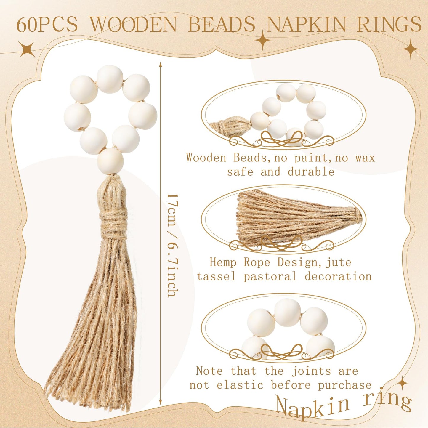 Maxcheck 60 Pcs Wood Bead Napkin Rings with Tassel Handmade Wooden Farmhouse Napkin Ring Natural Beaded Napkin Ring Holders for Tabletop Dining Party Wedding Gathering Home Decoration (Rustic)