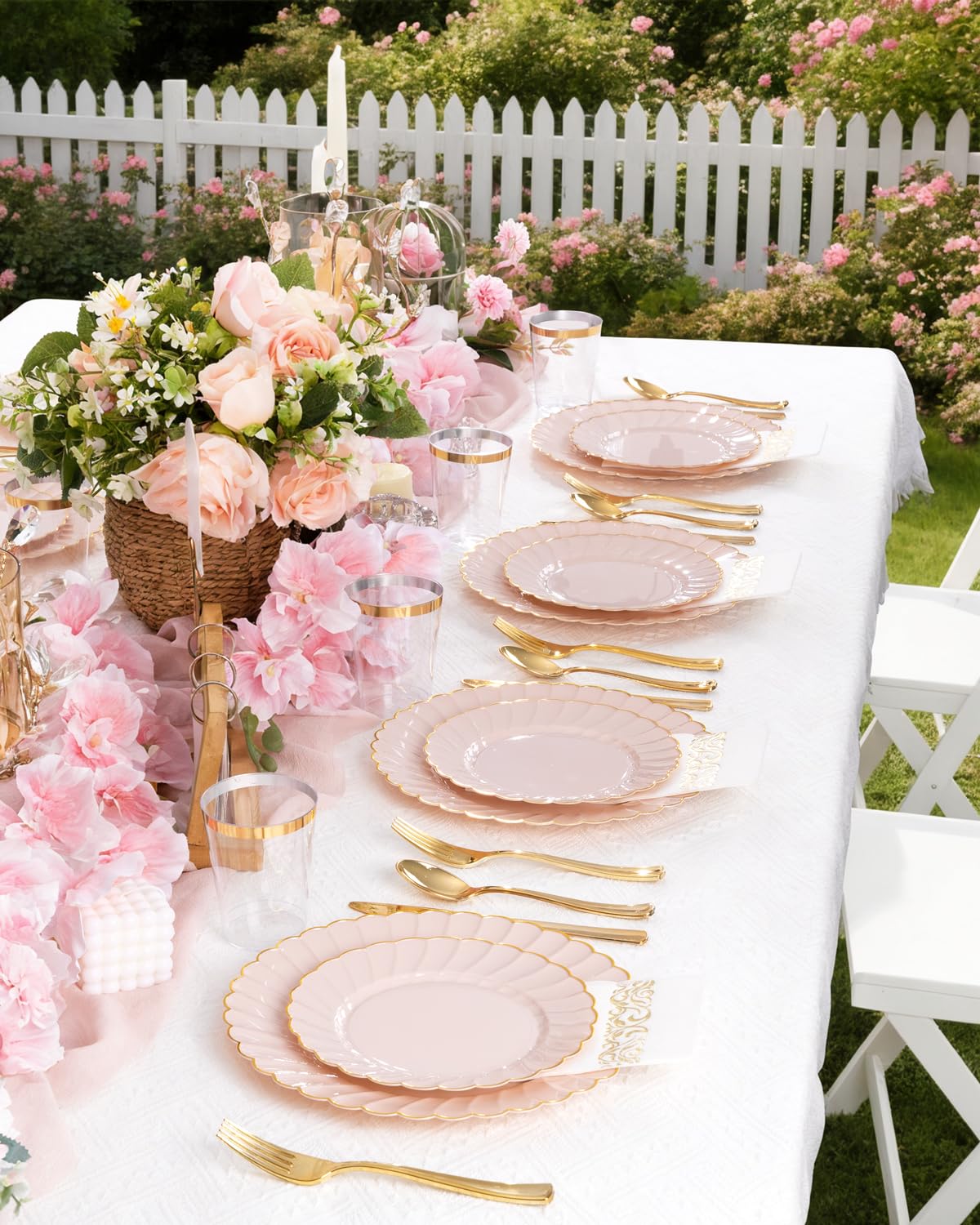 YOUBET 100PCS Pink Scalloped Plastic Plates - Heavy Duty Gold Disposable Fancy Hard Plates Include 50 Dinner Plate, 50 Dessert Plate, for Wedding & Party