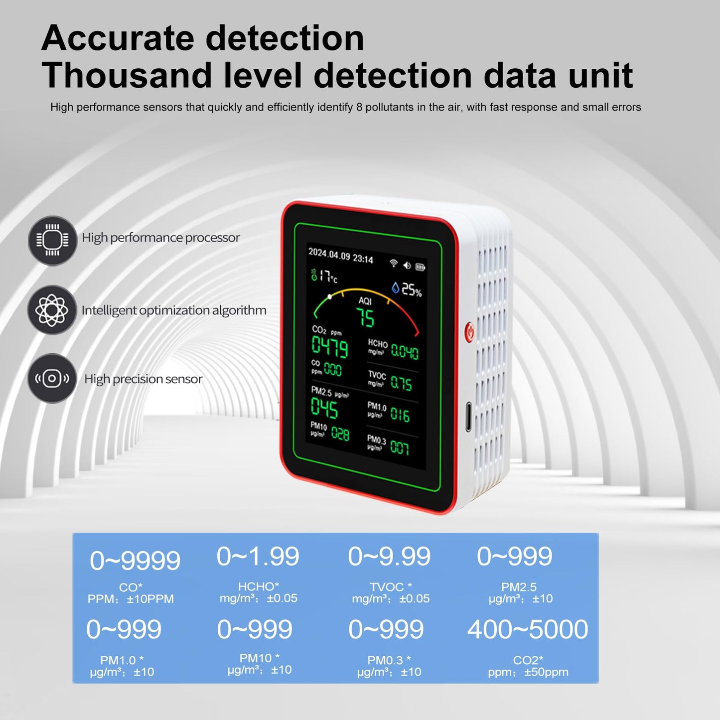 Air Quality Monitor,15-in-1 Smart Air Quality Tester with PM,CO2,CO,TVOC,HCHO,PM,AQI,Temperature & Humidity,Timer,Real Time Display,Battery Powered,for Home & Office