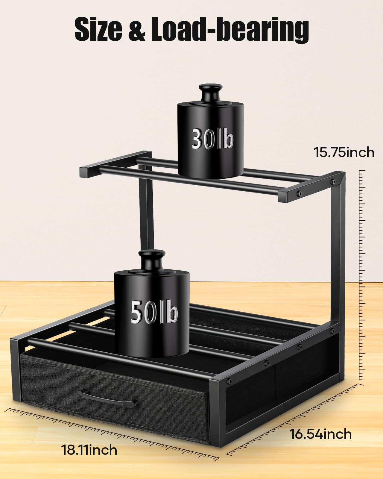 2-Tier Desktop Filament Storage Rack with Fabric Drawer - 3D Printer Filament Spools Holder Shelf for PLA/ABS/TPU Filaments, Tabletop Organizer for Home Office, Workshop Studio (Black Double Row)
