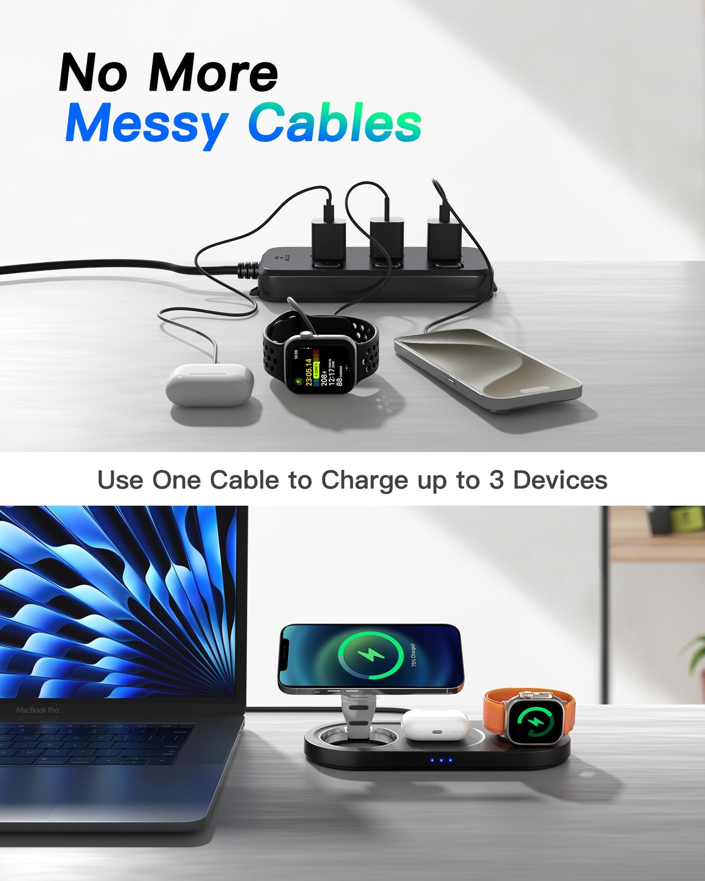 Upgraded 3 in 1 Wireless Charger, Nano Magnetic iPhone Charging Station for Apple Devices, Fast Mag Safe Charging Pad for iPhone 16/15/14/13/12 Series & AirPods Pro & Apple Watch Series, Black