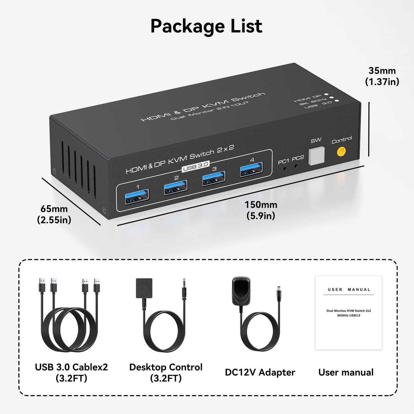 8K60Hz KVM Switch 2 Monitors 2 Computers 4K120Hz HDMI Displayport KVM Switches Dual Monitor for 2 PC Share Mouse Keyboard and 2 Displays Support Extended/Copy Mode with Extended Controller