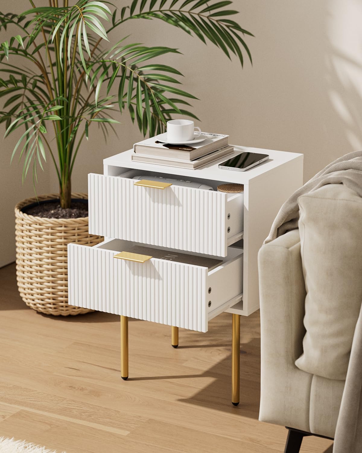 Aienvey Night Stand, Modern Nightstand with Drawers, Bedside Table, Gold Small Side Table for Bedroom, Living Room End Table (White Stripe, 2 Drawers)