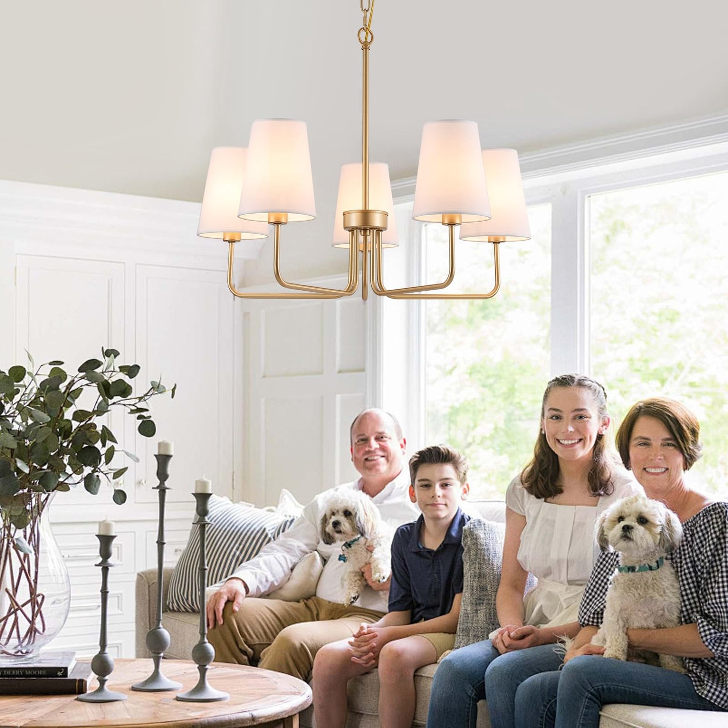 AMZASA Farmhouse Chandelier, 5-Lights Visual Comfort Gold Light, Muted Gold with White Fabric Shade, Linear Island Lighting Fixture for Kitchen, Dining Room