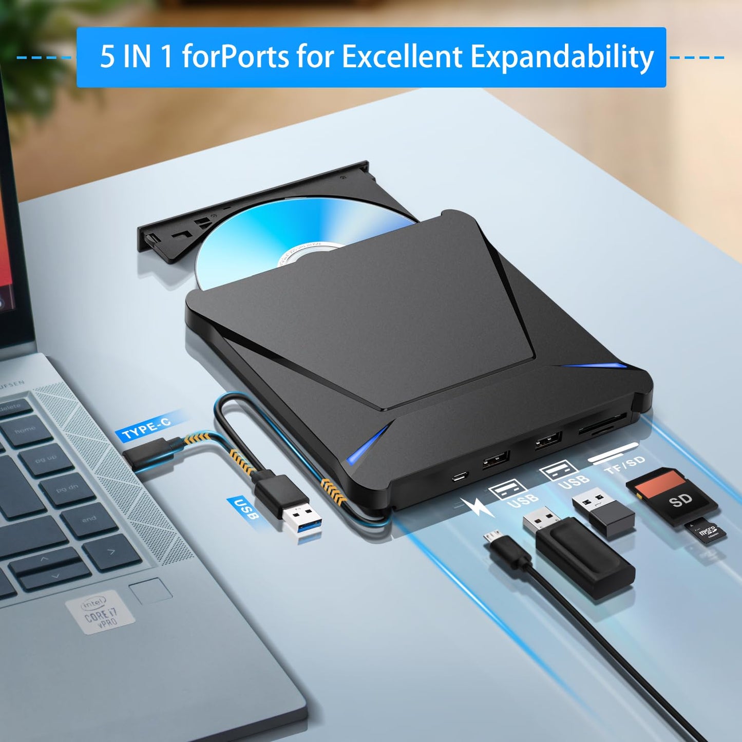 Haiway 5 in 1 External Blu-ray Burner Drive, USB 3.0 & Type-C DVD/CD/Blu ray Burner Writer with SD/TF Card Reader, Supports 100GB Discs R/W for Windows, Linux, macOS (PC/Laptop/Desktop)