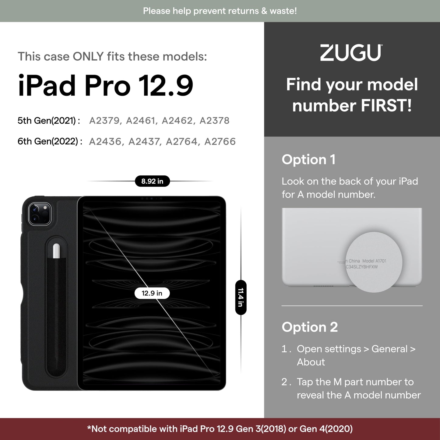 ZUGU Case for iPad Pro 12.9 Case 5th / 6th Generation Case 2021/2022 | Slim Protective Case with Wireless Apple Pencil Charging | Magnetic Stand & Sleep/Wake Magnetic Cover | Stealth Black