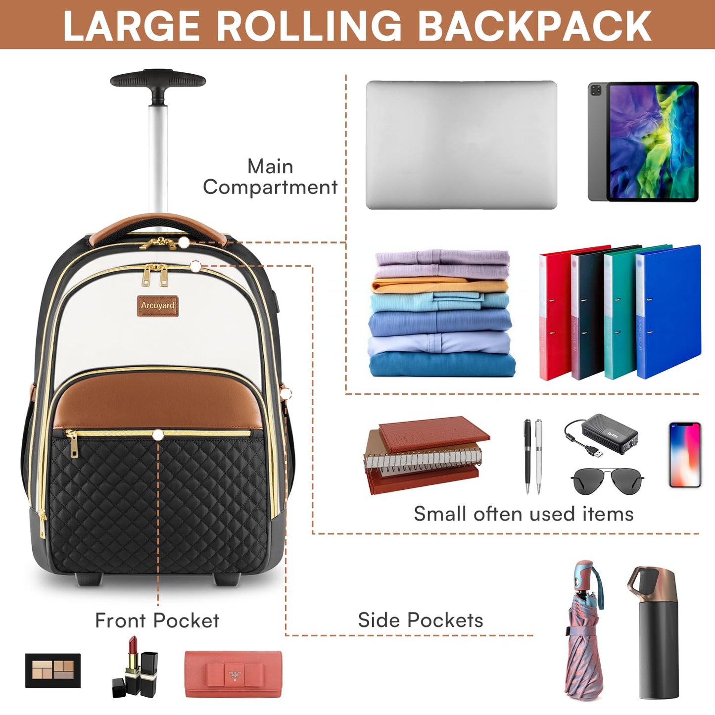Arcoyard Rolling Backpack Carry On Luggage For Adults With Wheels, 40L Wheeled Backpack For Women, Travel Roller Bag, Beige Brown
