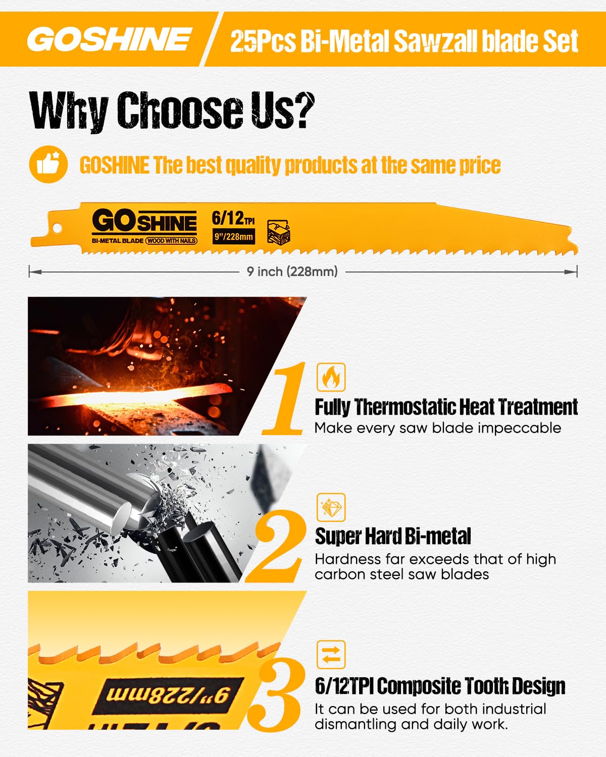 25 Pack 9 in 6/12TPI Reciprocating Saw Blades,Stud and Nail sawzall Blades, 9" High-Strength Bi-Metal sawzall Blades for Wood and Nail-Embedded Wood, Small Branches, Pallets,PVC Pipe