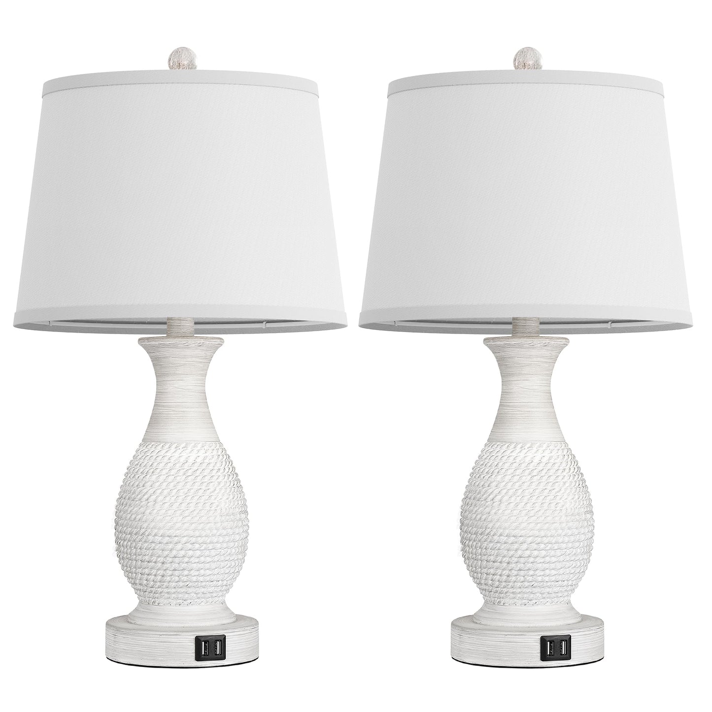 PARTPHONER Set of 2 Table Lamps with USB C+A Fast Charging Ports, 26" Tall Farmhouse Living Room Lamp with 3-Way Dimmable Nightstand Lamp White Fabric Shade for Living Room Bedroom Home Office