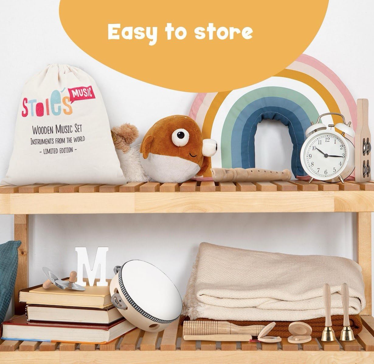 Stoie's Wooden Toddler Musical Instruments with Drum, Flute, Hand Bells, Cymbals, Castanets, Triangle, for Babies and Toddlers, Eco Friendly Montessori Educational Toy