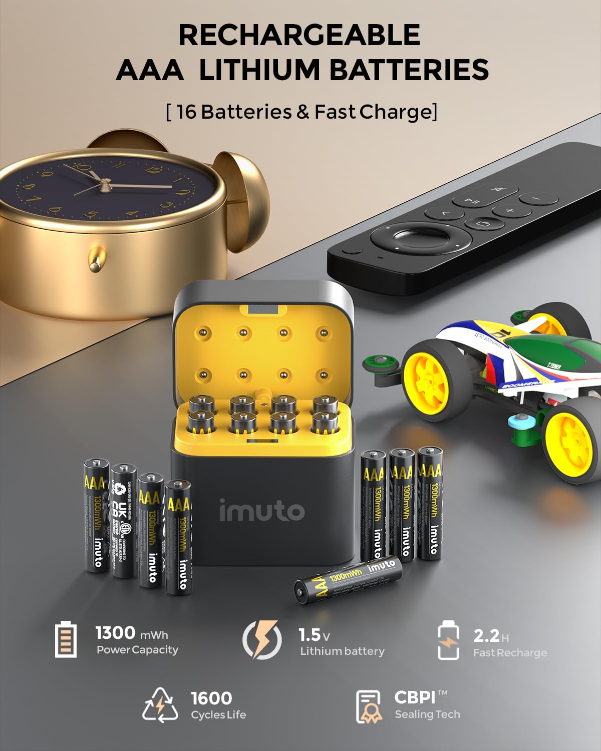 imuto Rechargeable AAA Batteries Lithium 16 Pack with Fast Charger,1300mWh 1.5V Constant Output Triple a Lithium Batteries 1600 Cycles Long Lasting