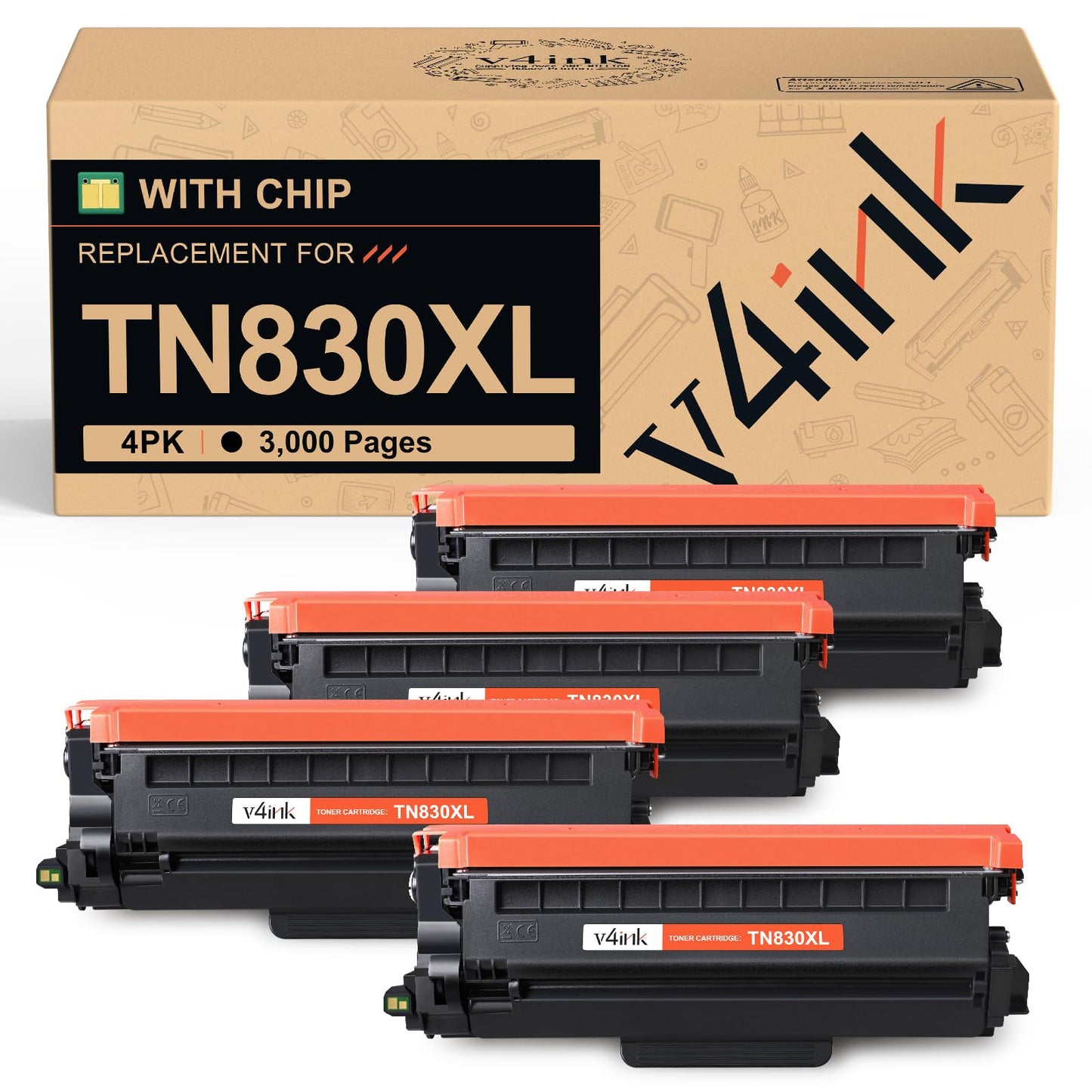 v4ink TN830XL Toner Cartridge Ink for Brother HL-L2460DW Printer Replacement for TN830 XL TN830 TN-830XL Toner Set for DCP-L2640DW HL-L2405W HL-L2400D MFC-L2820DW HL-L2480DW Printer, 4PK High Yield