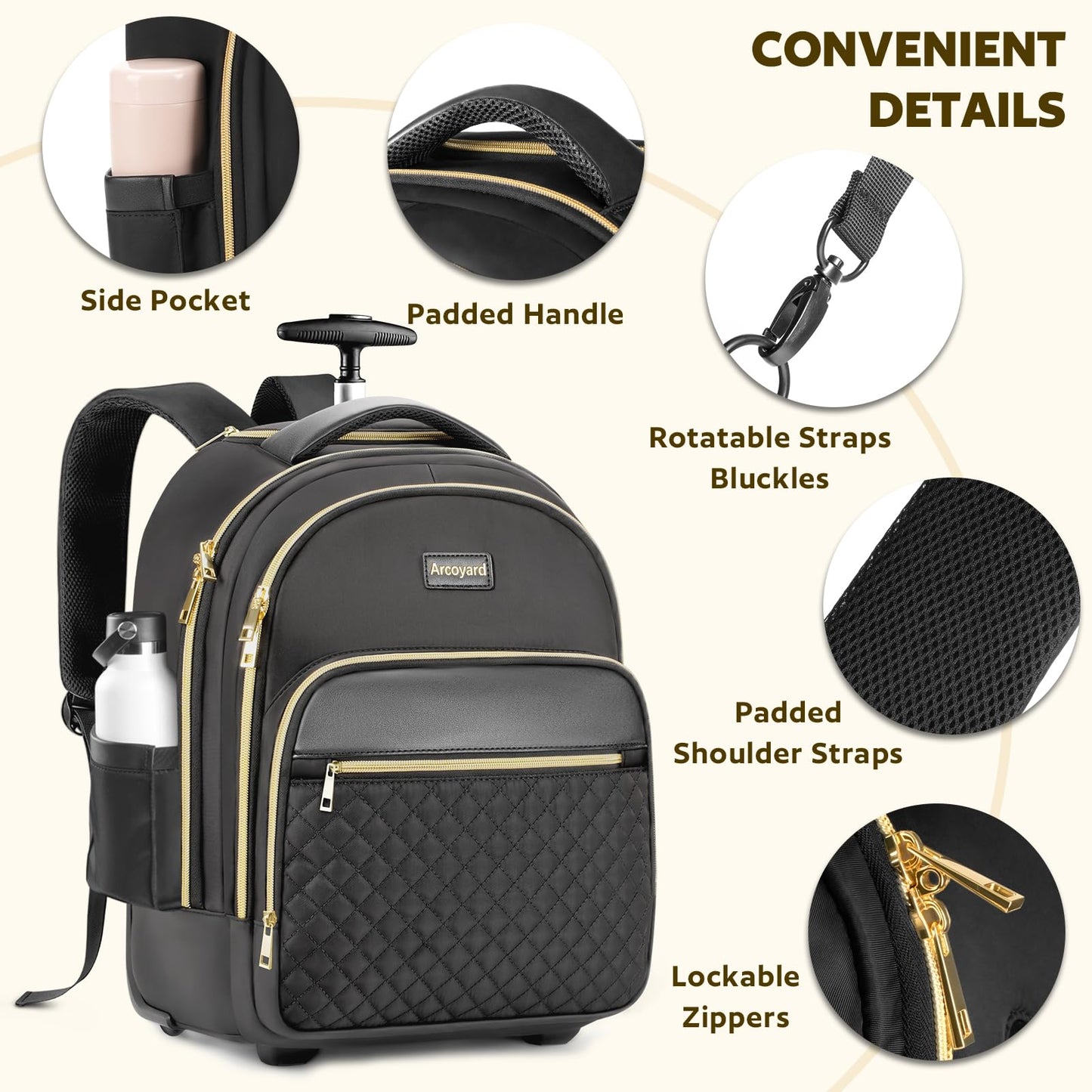 Arcoyard Small Rolling Backpack for Women, Lightweight Travel Backpack with Wheels, Roller Backpack for Adults, Water Resistant Rolling Laptop Bag, Wheeled Underseat Carry On Luggage, Black Gold