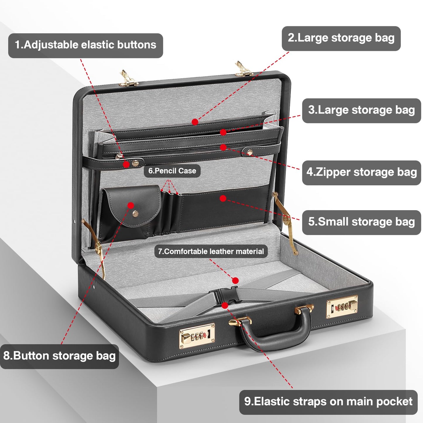 BAGAKE Briefcases - 18.1 x 3.47 x 16.14 Inch Attache Briefcase with Dual Combination Lock, PU Leather Locking Briefcase for Personal Items, Documents, Laptop, Phone, Passport, Valuables - Large/Black