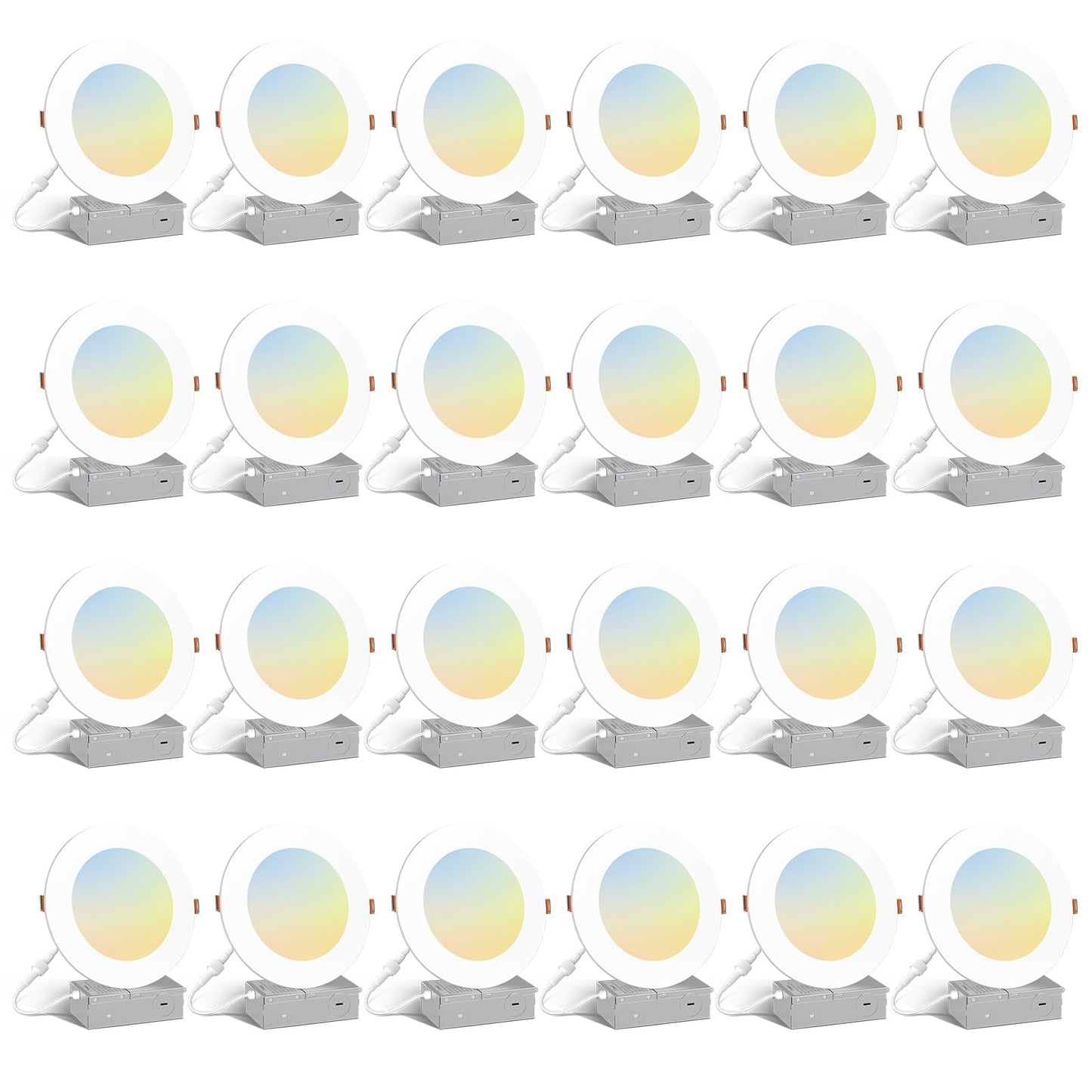 Amico 24 Pack 6 Inch 5CCT Ultra-Thin LED Recessed Light with Junction Box, 2700K/3000K/4000K/5000K/6000K Selectable, 1000LM Brightness, Dimmable Canless Wafer Downlight, 12W Eqv 110W-ETL&FCC