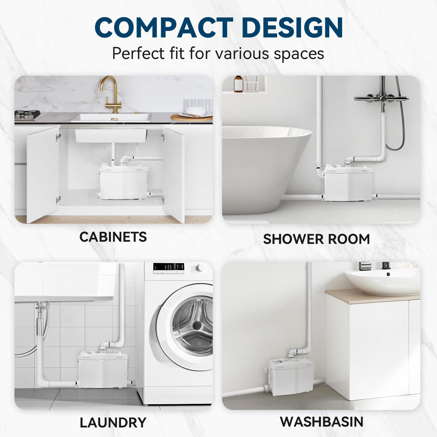 1200W Utility Sink Pump with Blade PCB Function Macerator Sewerage Sump Pump Upflush to 39.4FT 2800GPH with 4 Water Inlets 2 Outlets Drain for Sink Shower Laundry Washing Machine Kitchen Basement