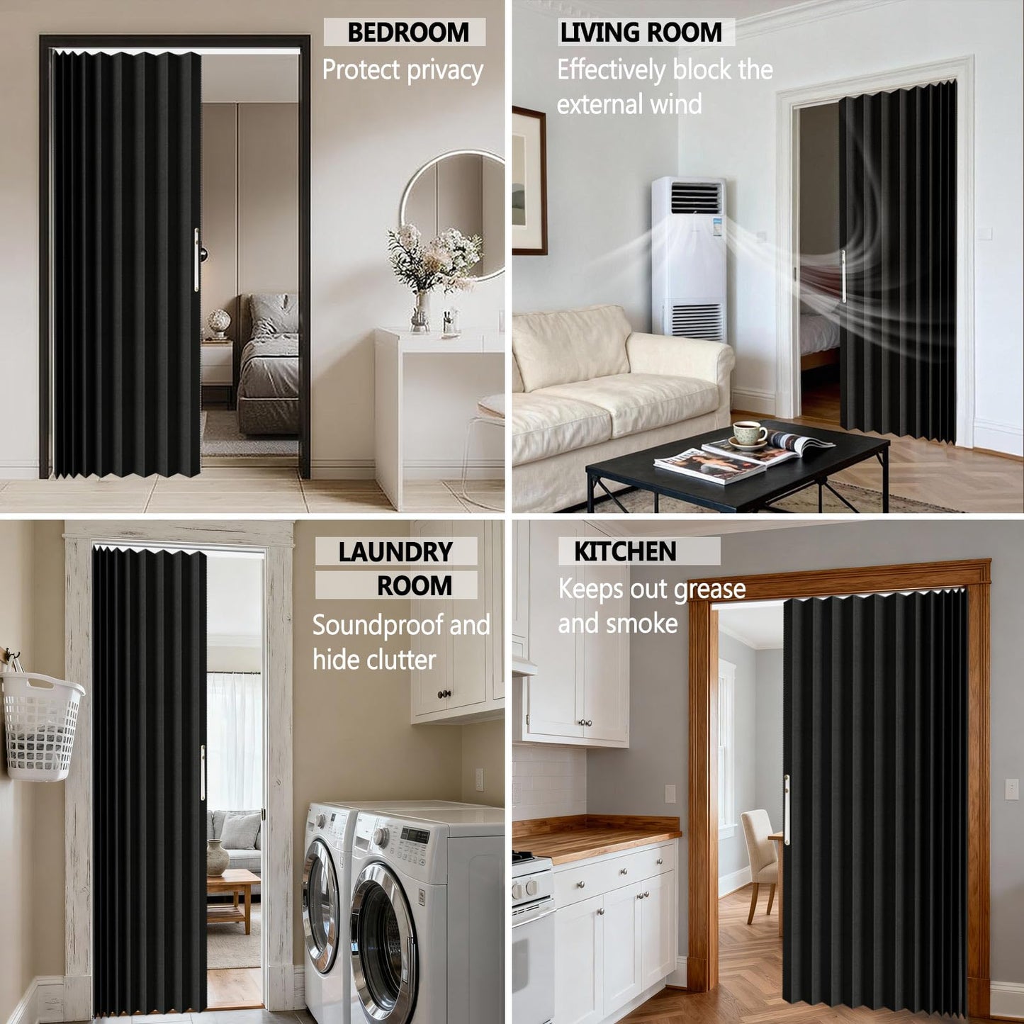 Jilron Accordian Door Curtain,Install Adhesive Track 100% Blackout Doorway Curtains,Suitable for Bedroom,Closet,Interior Room Divider,Black 43" W×78" L,1 Piece