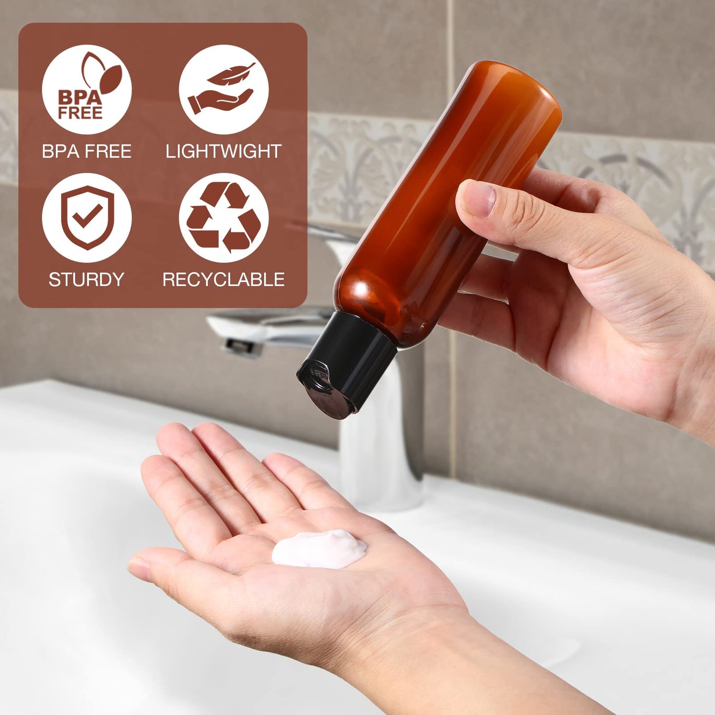 50 Pieces 4oz Plastic Squeeze Bottles with Disc Top Flip Cap Empty Amber Refillable Containers Small Travel Toiletry Bottles for Lotion Shampoo Oil Body Soap Creams