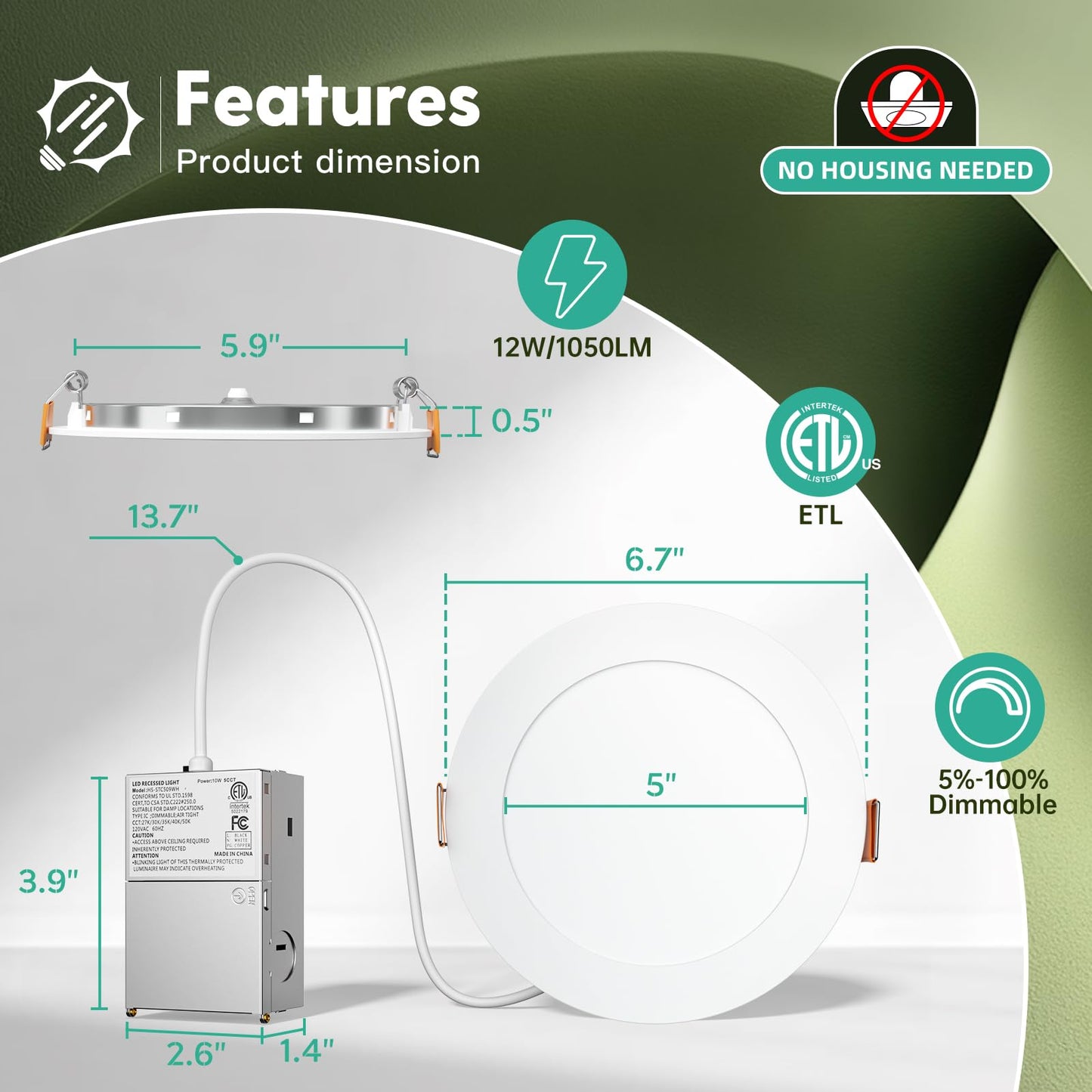 48 Pack 6 Inch 5CCT Ultra-Thin LED Recessed Ceiling Light with Junction Box, 2700K/3000K/3500K/4000K/5000K Selectable, 1050LM Brightness, Dimmable Canless Wafer Downlight, 12WEqv110W ETL&FCC