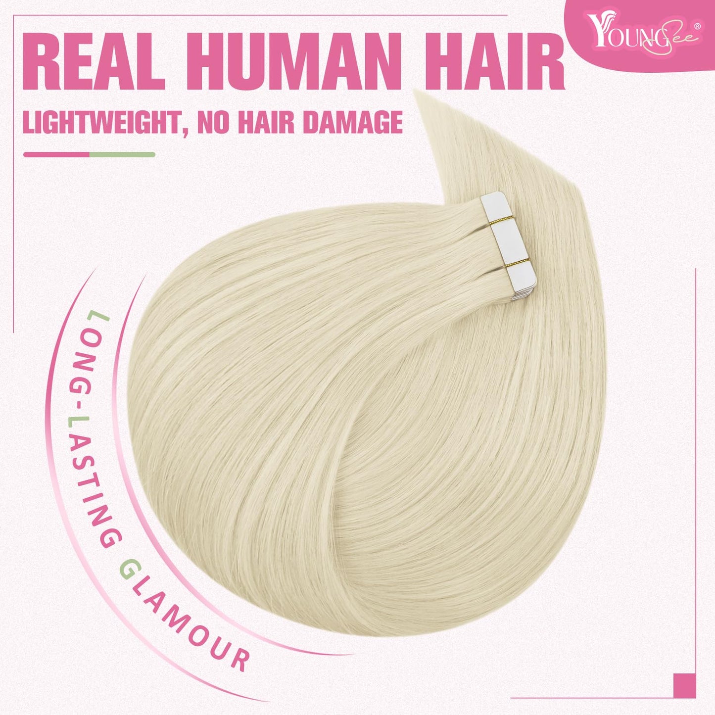 YoungSee Platinum Blonde Tape in Extensions Human Hair 24 Inch Seamless Tape in Hair Extensions Human Hair Platinum Blonde Tape on Hair Extensions Human Hair Blonde for Long Hair 20pcs 50g