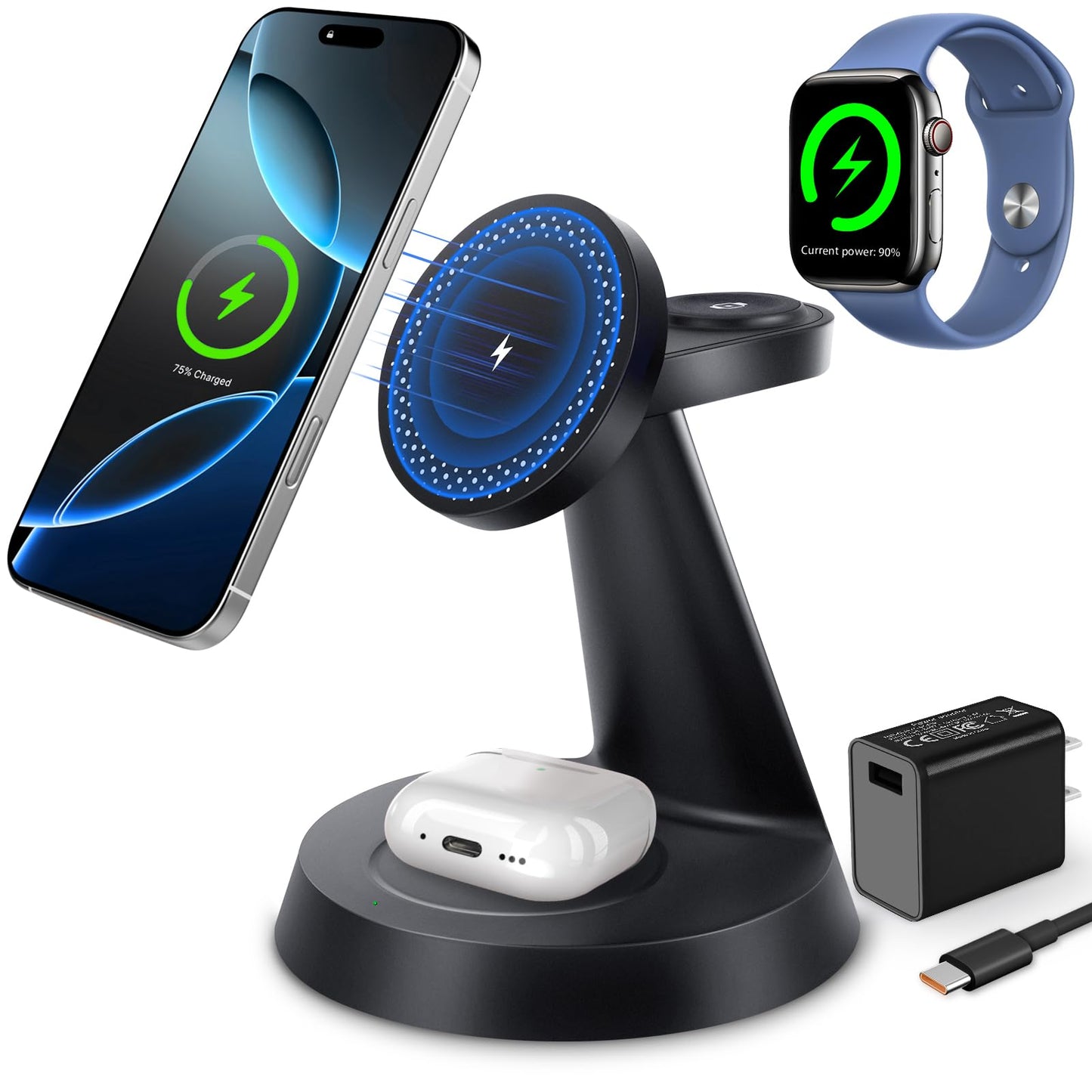 3 in 1 Wireless Charging Station for Apple, Charger Stand for Multiple Apple Devices, Wireless Charging Station for iPhone 16/15/14/13/12 Series, Wireless Charger for AirPods, iWatch Series (Black)