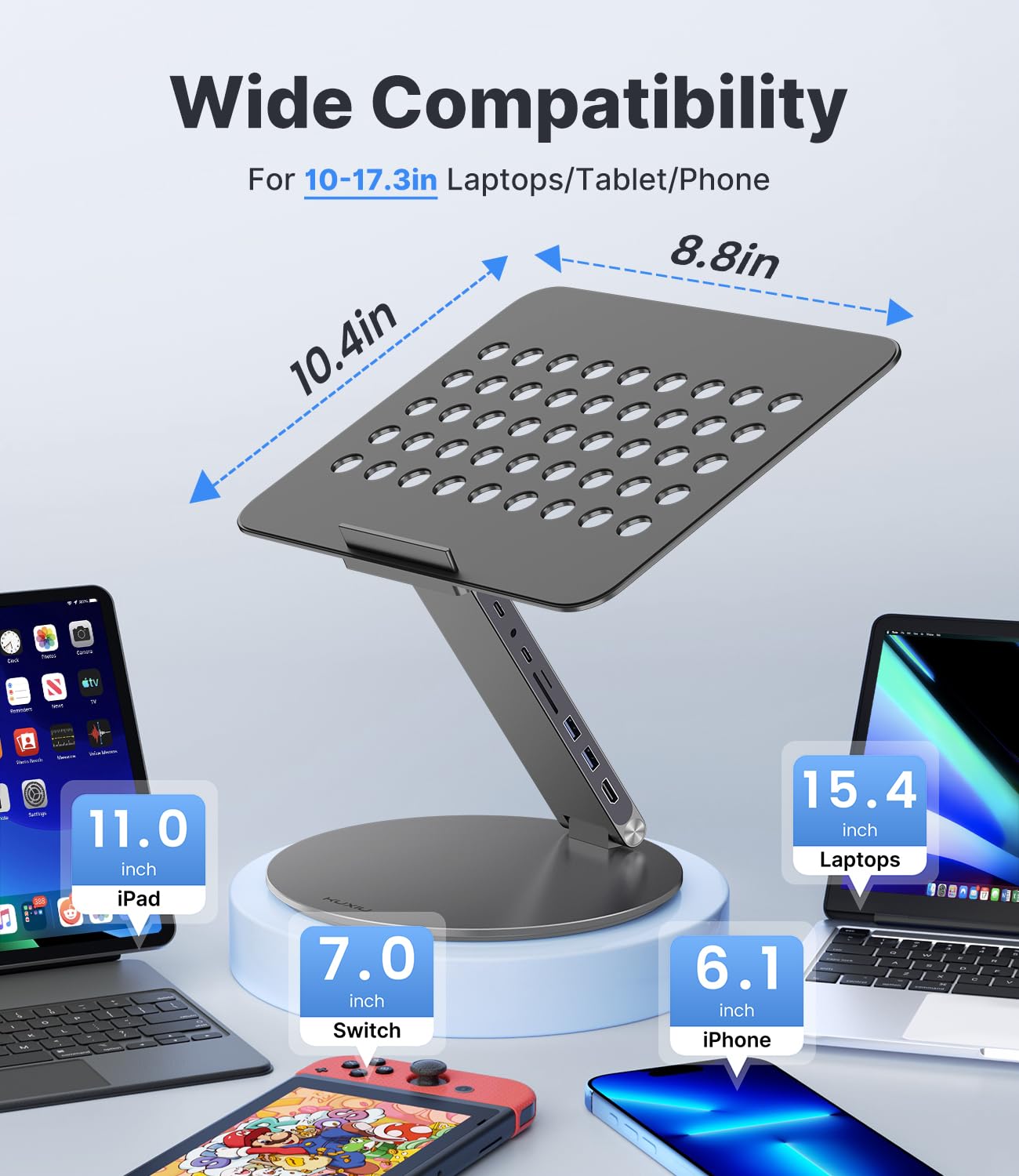 KU XIU Adjustable Laptop Stand with 8 in 1 USB C Hub, Foldable Portable Computer Notebook Stand with 360° Rotating Base, Riser Holder Mount for All 10-17" Laptops (Gray)