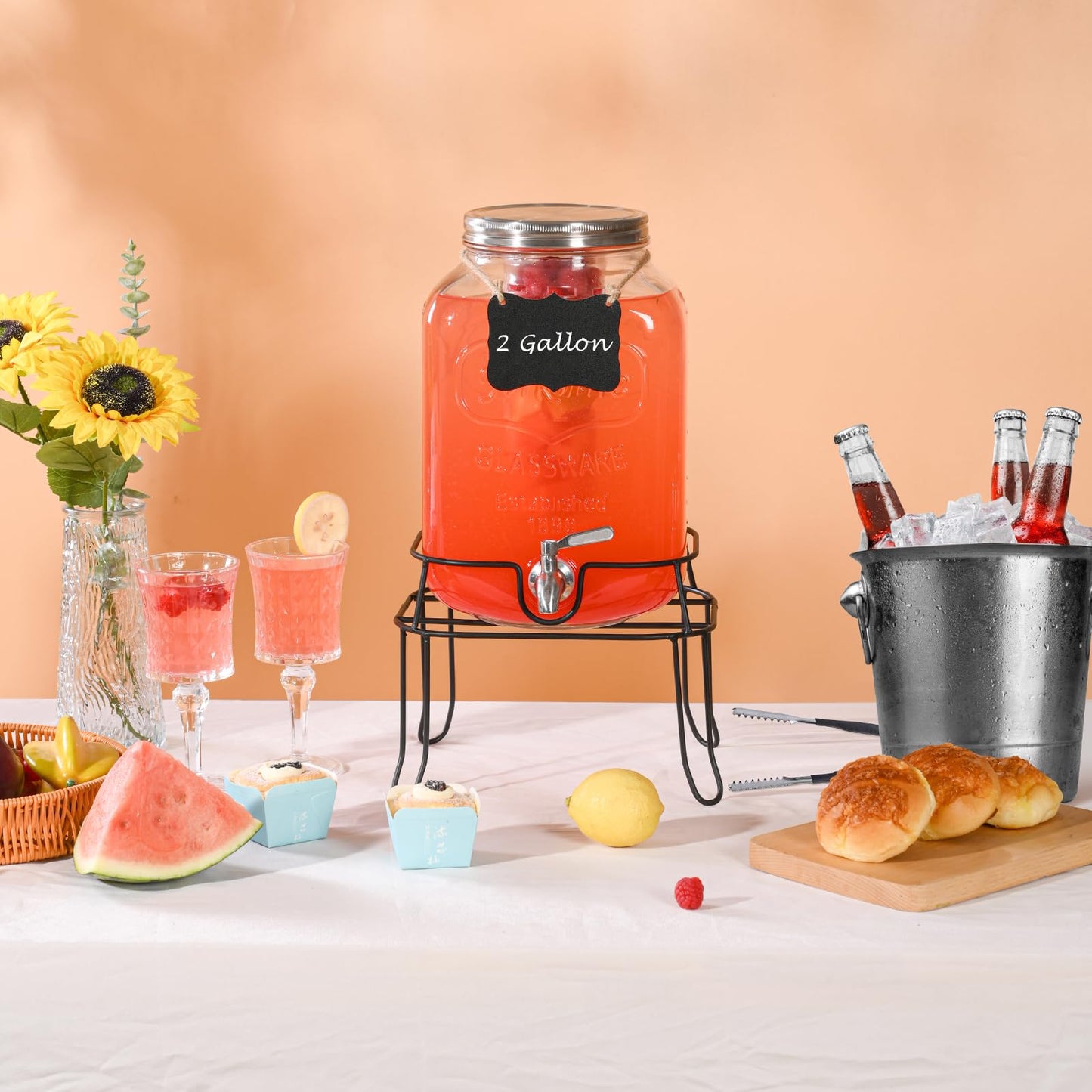2 Gallon Glass Drink Dispenser For Parties,Beverage Dispenser with Stand,Lemonade Dispenser with 18/8 Stainless Steel Spigot Leakproof for Sun Tea,Homemade Juice,Picnic