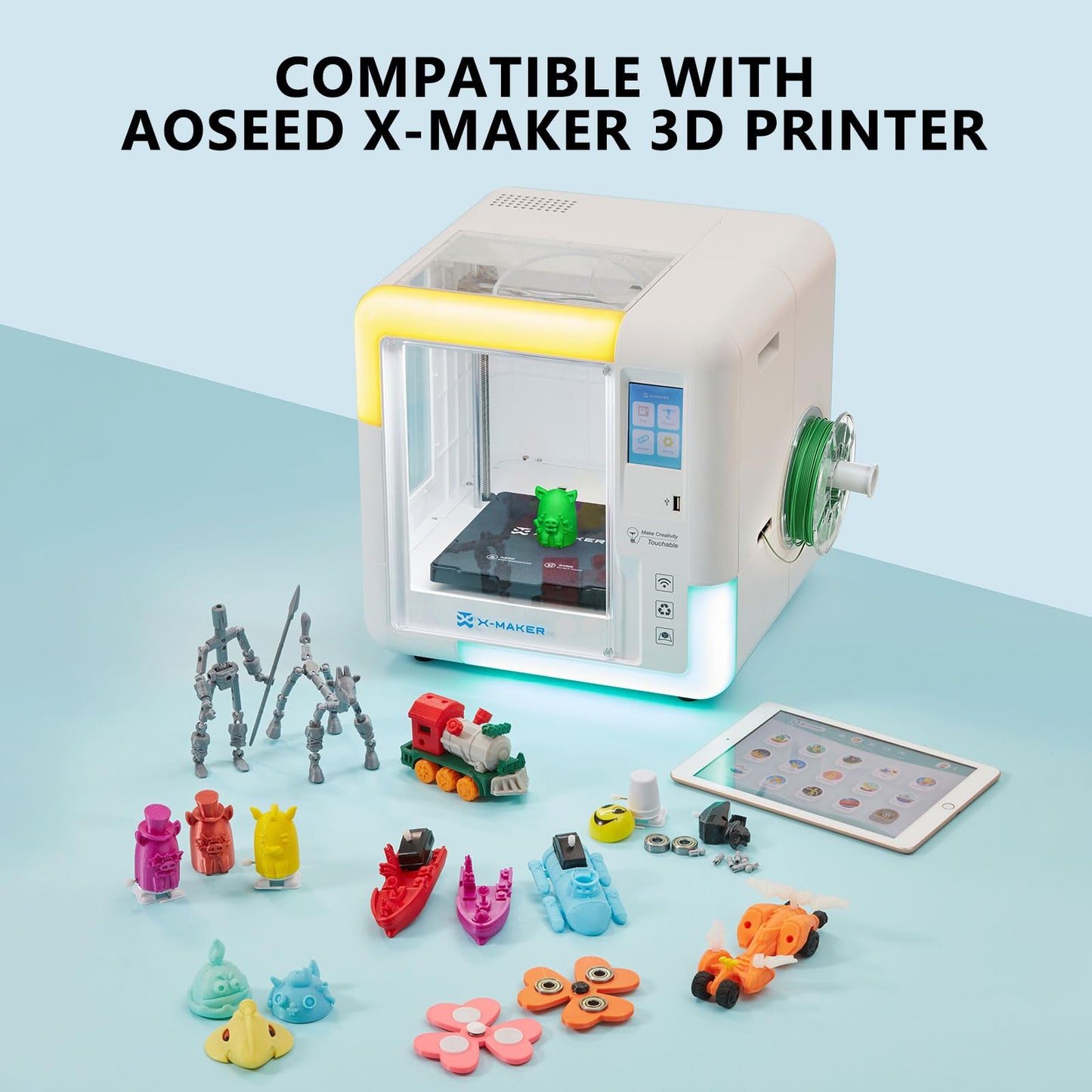 AOSEED 3D Printer Filament Bundle, 1.75mm (± 0.03 mm) PLA Filament Set for Most of 3D Printer,Purple/Green/Blue/Yellow/White/Iridescent/Red/Orange, 200g/0.44lbs x 8 Spools Pack