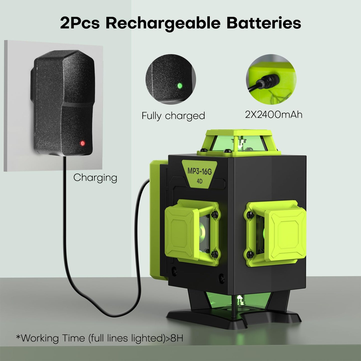 16 Line Laser Level 360 Self Leveling,4x360° Professional 4D Cross Line Green lazer Level with 2 Batteries for Construction and Picture Hanging,Adjustable Brightness Magnetic Bracket,Remote Control