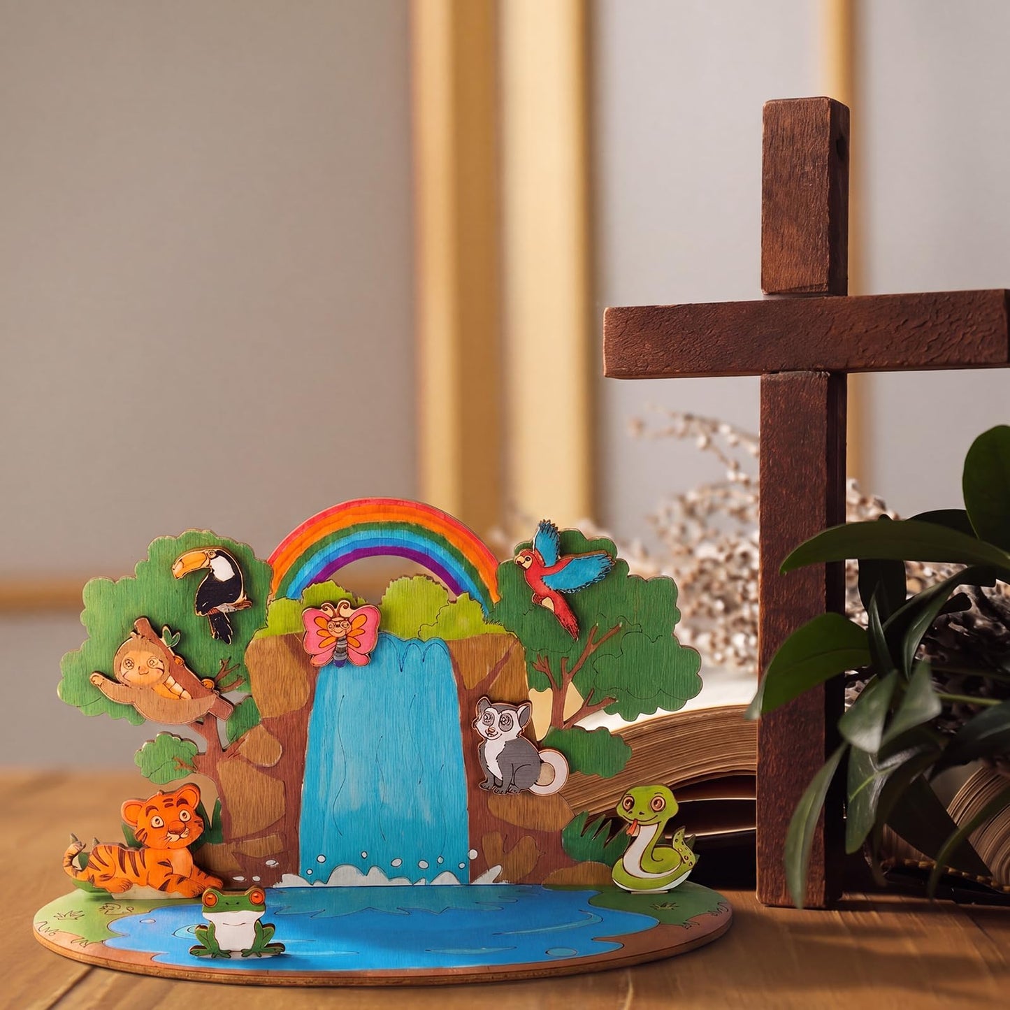 DoubleFill 24 Set 2026 Vbs Crafts Rainforest Animal Themed Craft Kits for Kids DIY Jungle Religious Wooden Cutouts Kit Tropical Animal Multi-Layer Crafts for Sunday School Church Bible Decor