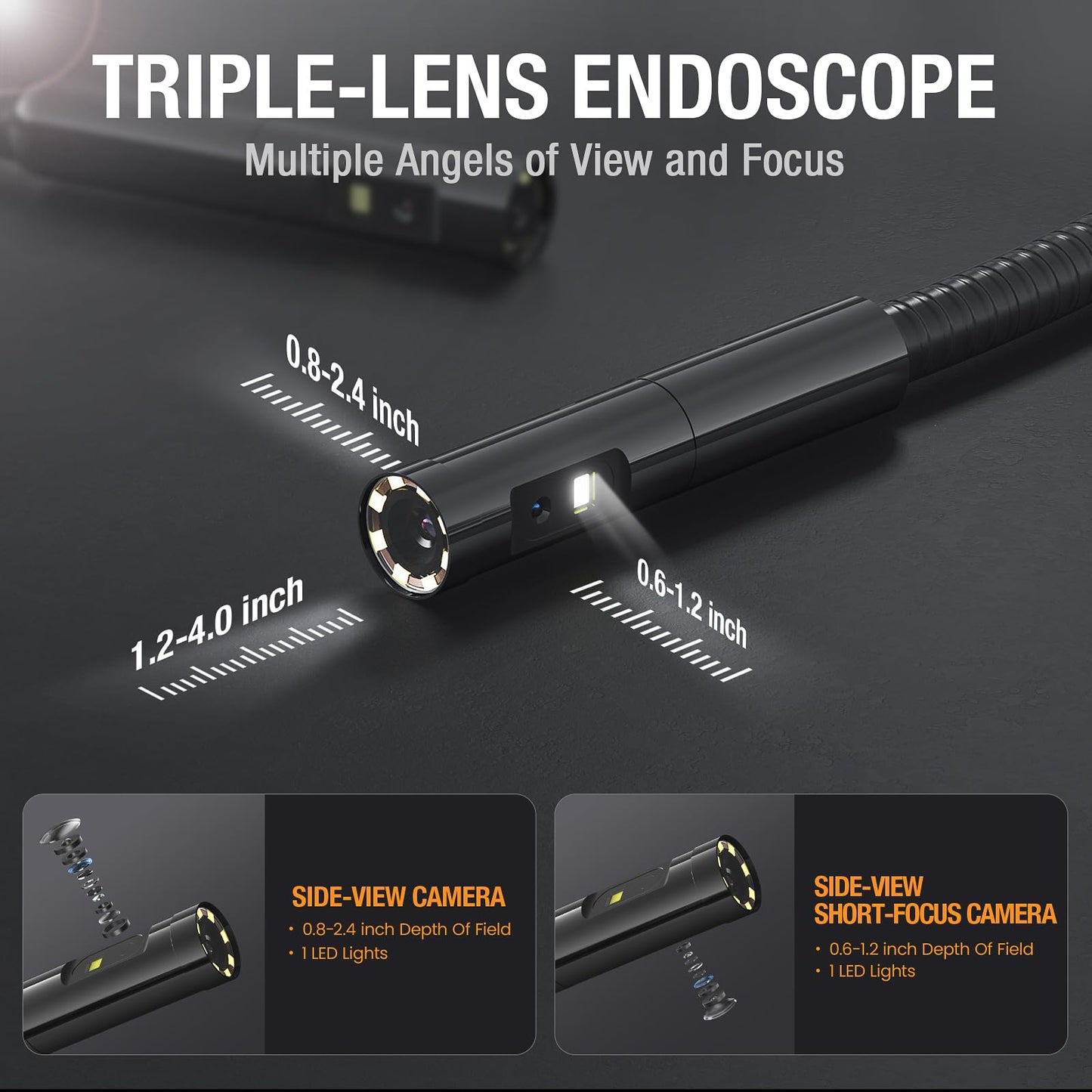 Teslong Endoscope Replacement Cable with Light, Triple Lens Inspection Camera 7.9mm/0.3inch Waterproof Probe Compatible with NTS500, NTS300(10FT)
