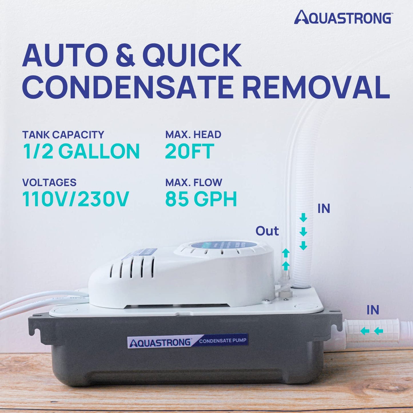 Aquastrong 1/38 HP 85 GPH HVAC Condensate Pump, 115V/230V, Automatic Safety Switch, AC Condensate Removal for Air Conditioner, Furnace, Dehumidifier, 3.3' Power Cord