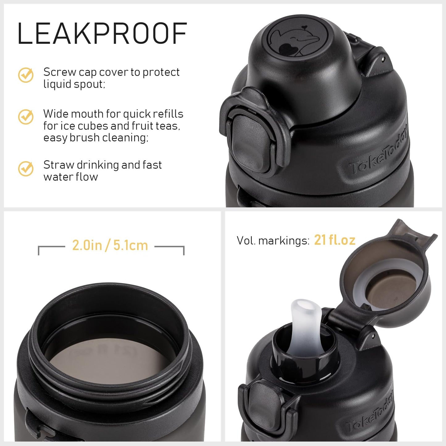 TakeToday Collapsible Water Bottles 21oz (2 pack), Foldable Platinum Silicone Travel Water Bottle with Straw & Carry Strap, Leak-Resistant Screw Lid, Wide Mouth, BPA-Free for Hiking, Flights