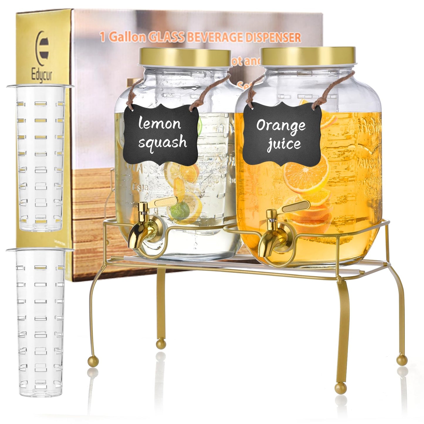 1 Gallon Glass Drink Dispenser Set of 2 – Drink Dispensers for Parties, Beverage Dispenser with Stand & 100% Leakproof Spigot, Ideal for Lemonade, Juice, Iced Tea, Laundry Detergent Dispenser