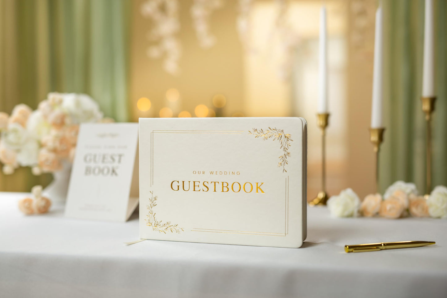 Modern Album Designs Floral Embossed Wedding Guest Book Set - 9 x 7.5 Hardcover Guestbook for Wedding Reception Sign in, Messages, Bridal Shower Engagement Party (White Cream)