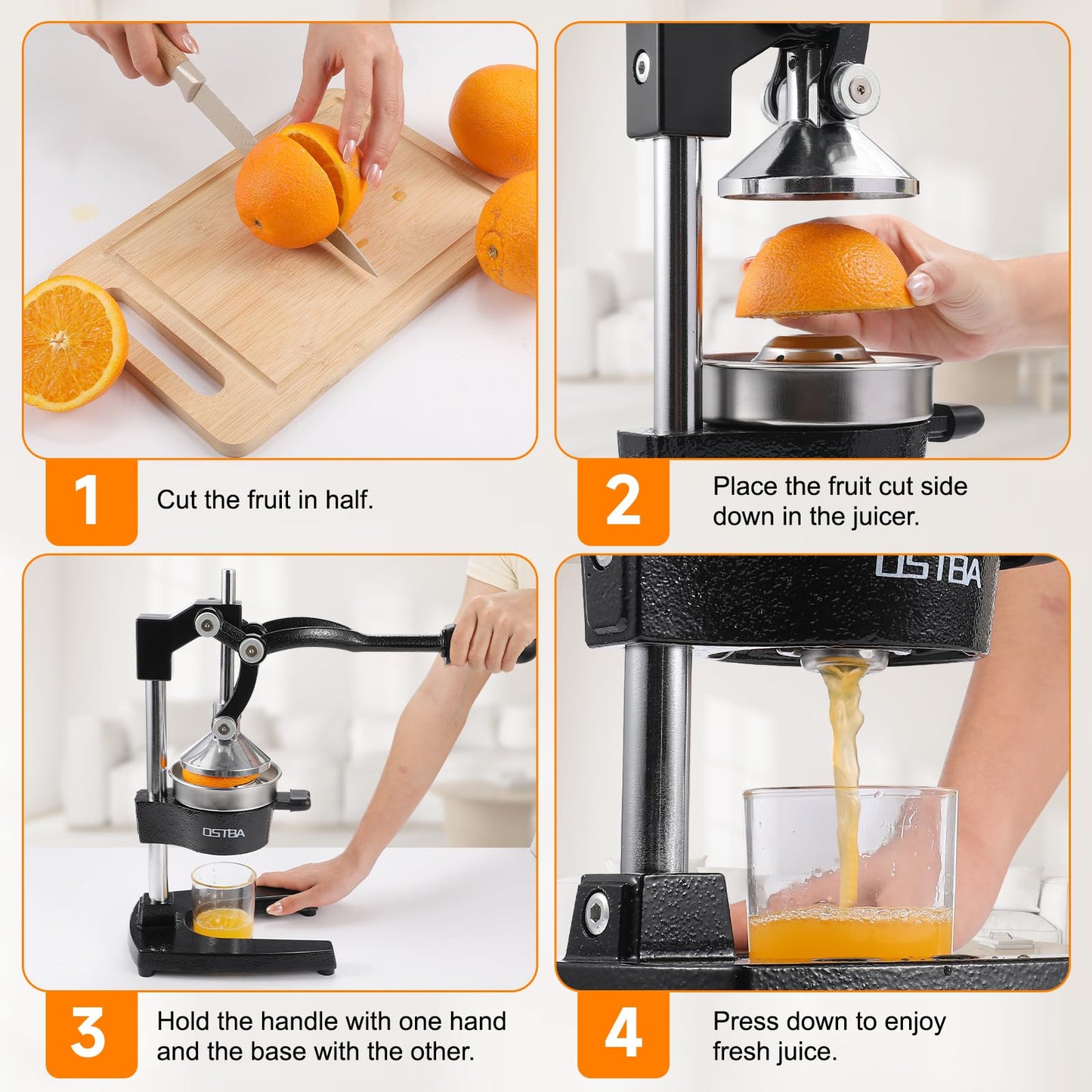 OSTBA Cast Iron Manual Citrus Juicer, Heavy Duty Hand Press Orange Juicer with Stainless Steel Cup & Strainer, Commercial Grade Lemon Squeezer for Orange, Lemon, Lime, Grapefruit, Pomegranate