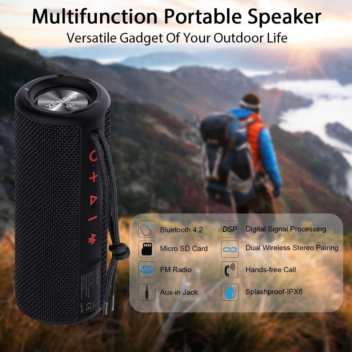 XENEO X21 Portable Outdoor Wireless Bluetooth Speaker Waterproof with FM Radio, Micro SD Card Slot, AUX for Shower - Hard Travel Case Included