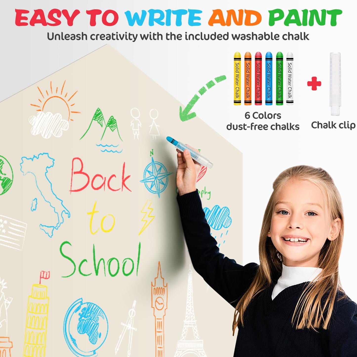 Magnetic Wall Decal for Kids, 40"x32" Magnetic Chalkboard for Wall, Self Adhesive Wall Sticker Board with 6 Dustless Chalks, Chalk Holder, Wipe Cloth, Magnetic Wallpaper for Playroom, Home