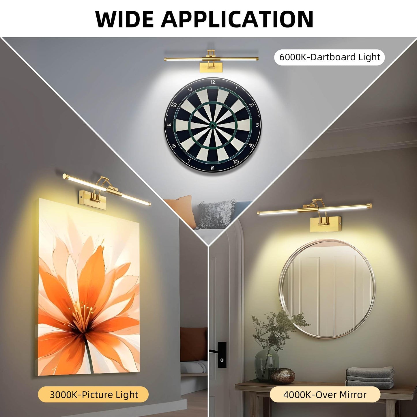 Neymlya 24“ Picture Lights for Wall, 8000mAh Rechargeable Wireless Picture Light with Remote, LED Wall Lights 3000K/4000K/6000K Dimmable, Art Lighting for Paintings Frame Gallery Dartboard, Brass