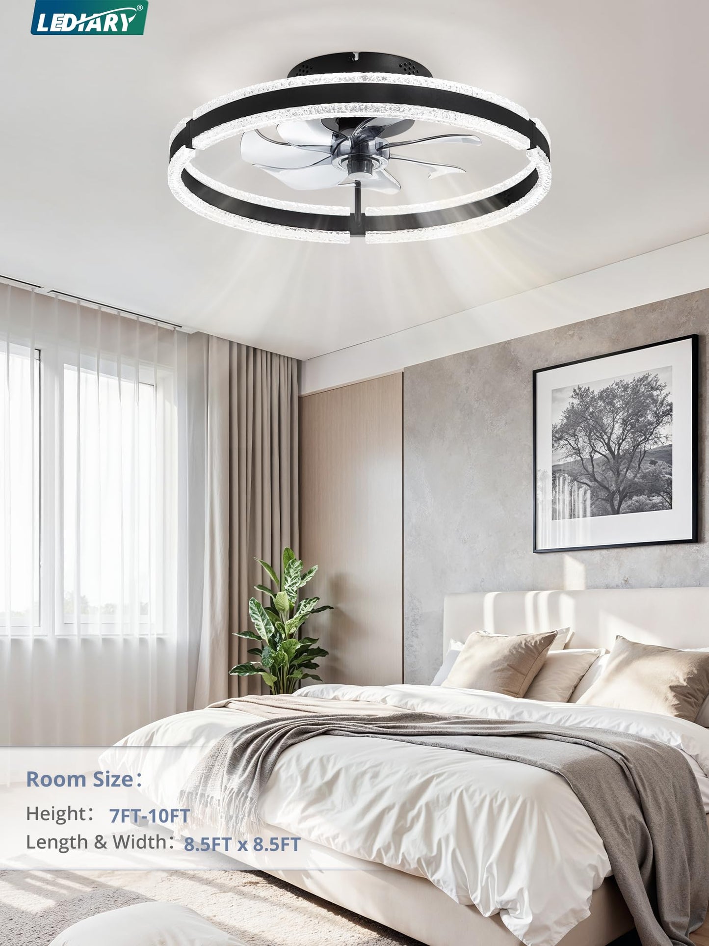 LEDIARY Ceiling Fans with Lights and Remote, 20'' Low Profile Ceiling Fan with Light, 3000-6000K Dimmable Fandelier Ceiling Fans, Modern Flush Mount Fan Light for Bedroom with 6 Wind Speeds- Black