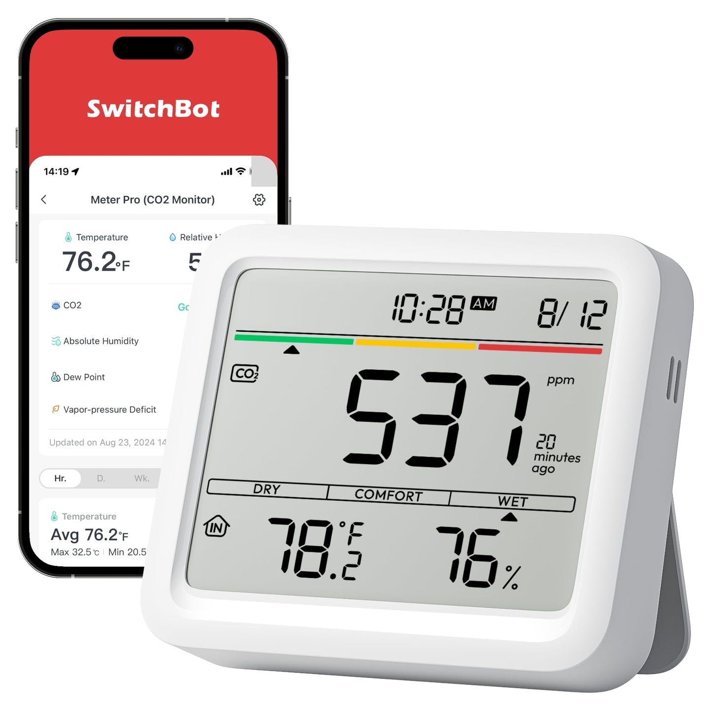 Air Quality Monitor Indoor 5-in-1 Meter Pro CO2 Detector, CO2 Alarm, CO2 Monitor with APP, Large Display, Bluetooth Air Quality Tester for Home, Office, 2-Year Data Storage (Meter Pro CO2)