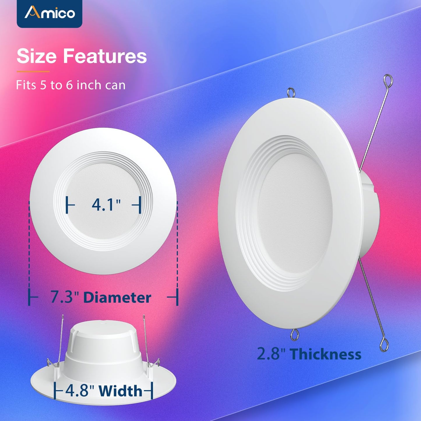 Amico 6 Pack 5/6 Inch Smart WiFi LED Recessed Can Lights, RGBCW Color Changing Retrofit Recessed Lighting, Baffle Trim, APP Control, Dimmer Compatible, 12W=110W 1100LM, IC & ETL